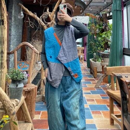 Women Spring Patchwork V Neck Single Button Vests Waistcoat Outerwear Ladies Vintage Linen Vest Female Sleeveless tops Flax