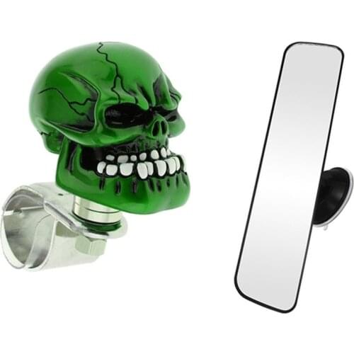 1x Panoramic Rear View Mirror Universal Wide Angle & 1Pc Skull Head Car Steering Wheel Spinner Suicide Knob Handle