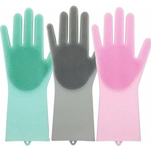 1 pairs Silicon Dish Scrubber Rubber Gloves Food Grade Cleaning Sponge Dishwashing Brushs Magic Silicone Gloves