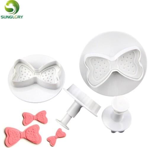 4PCS/SET Plastic Fondant Bowknot Plunger Cutter Cookie Stamp Mold Cookie Cutter Bow-Tie Biscuit Mold DIY Baking Tools For Cakes