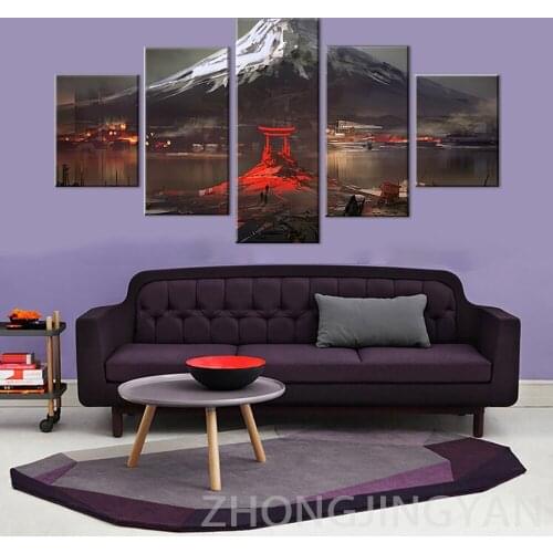 5pcs Abstract Canvas Painting Mount Fuji Japan Landspace Drawing Artwork Wall Art for Bedroom Living Room Library Office Home De