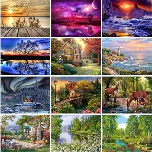 5D Diamond Mosaic Landscape Diamond Painting Tree Scenery Full Set Diamond Embroidery River Pictures Of Rhinestone Home Decor