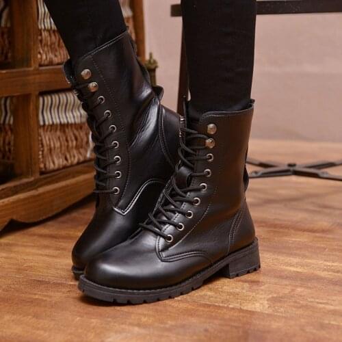 Black Round Toe Womens Motorcycles Boots Pu Leather Womens Army Boots Solid Lace Up Ladies Flat Martin Boots