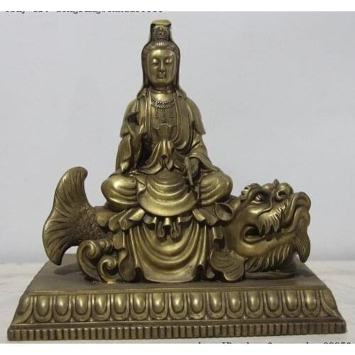 Chinese Brass Copper Kwan-Yin Guan Yin Bodhisattva Ride Dragon Lion Fish Statue