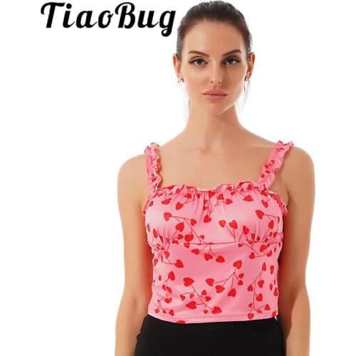E Girls 2021 Summer Casual T-shirts Women Cute Heart Print Ruffles Shoulder Straps Crop Top y2k Fashion Camisole Vest Streetwear