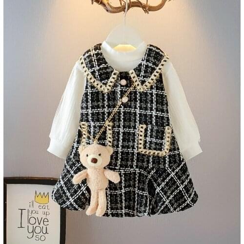Melario New Autumn Girls Outfits Splicing Plaid Girls Dress Fashion Long Sleeve Lace Tops Vest Dres Bear 3pcs Cute Kids Costume