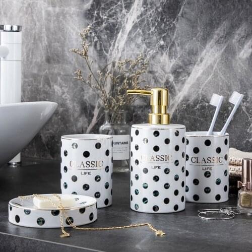 Set of 4 White Ceramic with Wave Point Bathroom Accessories Cup Tumbler Soap Dish and Hand Liquid Dispenser Hardware