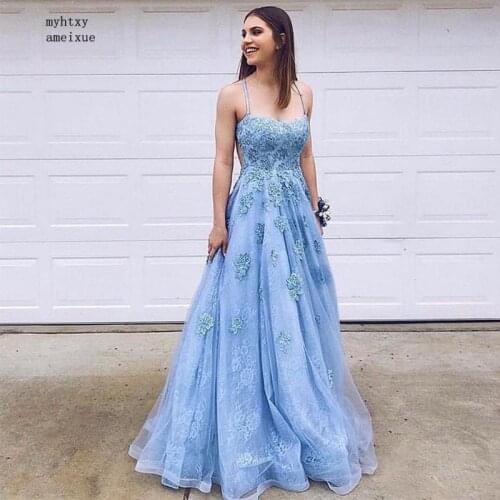 New Arrival A-line Lace Evening Dresses Halter Sky Blue Crisscross Back Long Prom Dresses Vestido De Noche Evening Party Gowns