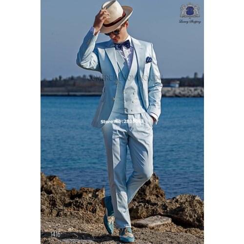 New Arrival Groomsmen Notch Lapel Groom Tuxedos Baby Blue Men Suits Wedding Best Man Blazer ( Jacket+Pants+Tie+Vest ) C98