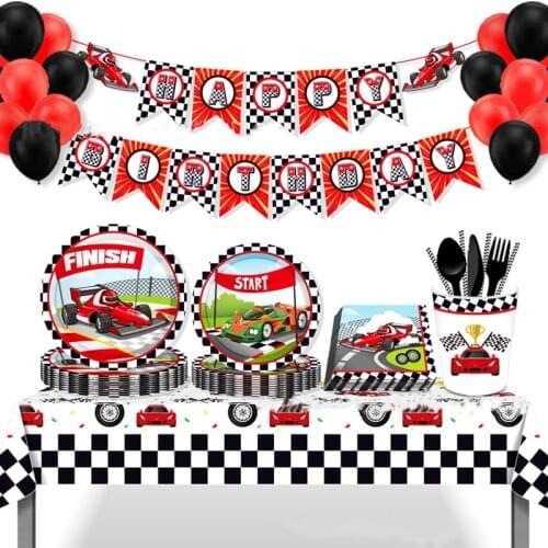 Racing Car Driving Disposable Tableware Black White Tablecloth Banner Paper Plates Cup Napkin Set Boy Birthday Party Decor Ball