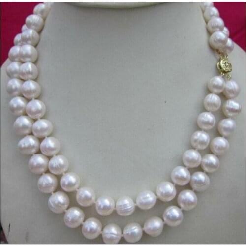 Double strands AAA+11-12mm natural south sea white pearl necklace 18-19