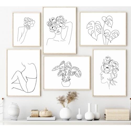 Flower Woman Leaf Plant Line Abstract Nordic Posters And Prints Modern Wall Art Canvas Painting Wall Pictures Living Room Decor