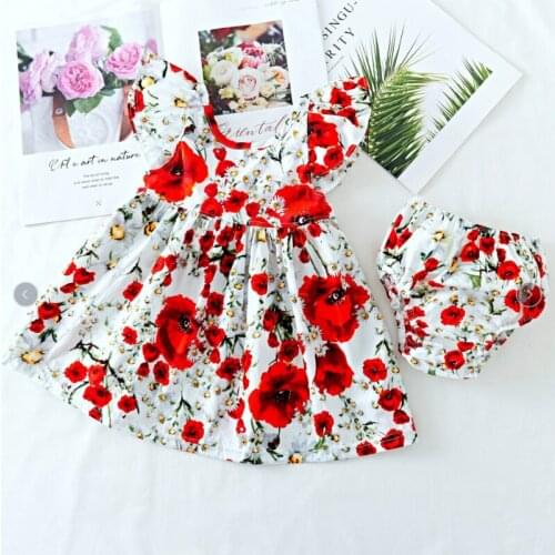 Toddler Baby Girls Dress Summer Dress Flying Sleeve Newborn Infant Dress Cotton Minnie Dress+Underwear Pants Suit 0-24M Baby