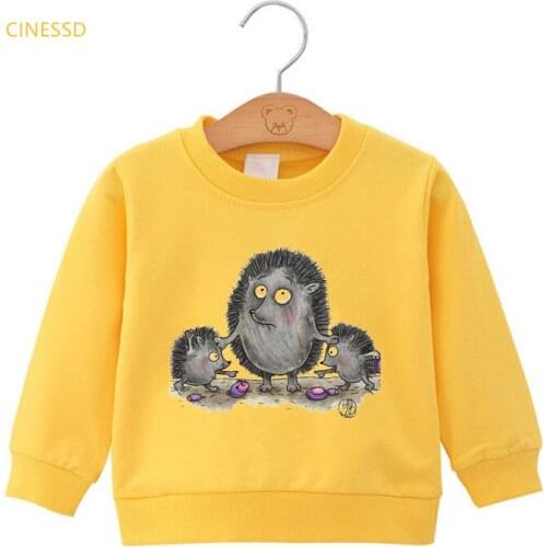 Funny Cartoon Hedgehog Mom And Children Print Sweatshirt Winter Top Baby Boys Clothes Cute Girls Hoodie Pullover Velvet Hoody