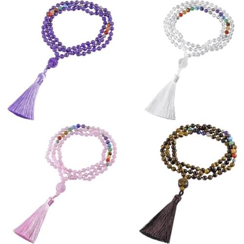 TUMBEELLUWA 7 Chakra Natural Stone(6mm)Beaded Tassel Long Necklaces Pendant,Tree of Life Gem Ornament Bohemian Jewelry for Women