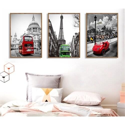 Vintage Poster Paris Taxi London Bus Painting Nordic Street Art Canvas Black White Wall Art Pictures for Living Room Decoration