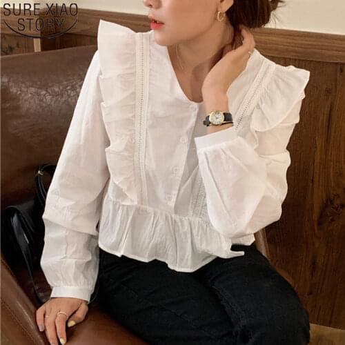 Sweet V-neck New Korean Chic White Blouse Women Ruffles Tops Casual Long Sleeve Shirts Button Shirt Blusas Mujer De Moda 11666