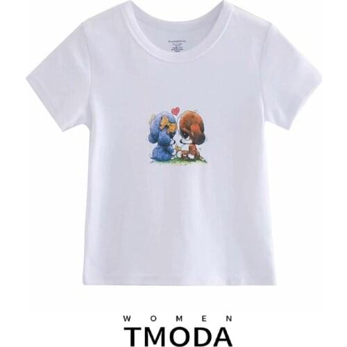 Womens 2021 Summer Cute Dog Print Casual Short Elasticity T Shirt Tops Tees Short Sleeve O-neck Female Ladies T-shirt
