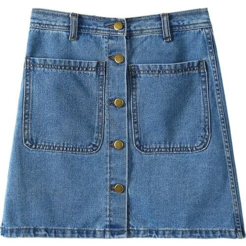 New Spring Summer Womens A-Line Jeans Short Denim Mini Skirt Button Off Double Pockets Harajuku Sexy Falda Skirts Y238