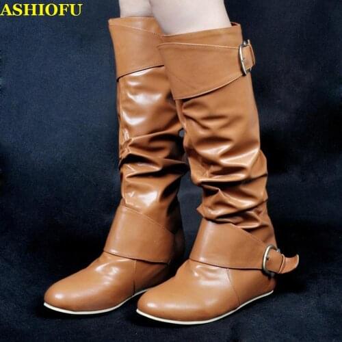 ASHIOFU New Style Handmade Womens Flat Boots Night-club Party Prom Knee-high Boots Buckles Evening Fashion Long Boots Shoes