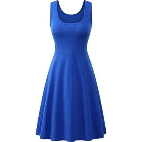 Summer Dress Women Royal Blue 15 Colors S-4XL Plus Size 20 New Sleeveless High Waist Cotton Pleated Dress Vestido Feminina LD906