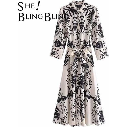 SheBlingBling Za 2021 Black Print Summer Wrist Sleeve Casual Shirt Dress Single Breasted High Waist Women Midi Dress with Sashes