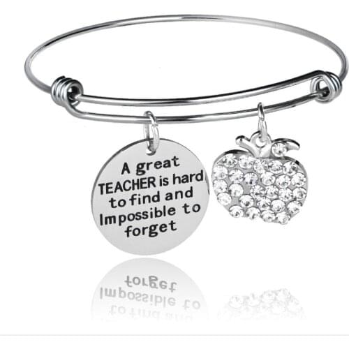 A Great Teacher Is Hard To Find Crystal Apple Pendant Bracelet Bangle School Teachers Day Gift Teachers Adjustable Cuff Bangle