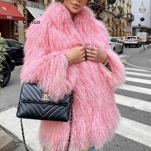 Winter Mongolia Sheep Fur Coat Women Warm Faux Fur Coats Fluffy Furry Wool Jacket Sexy Outerwear Ladies Fur Overcoat Outerwear