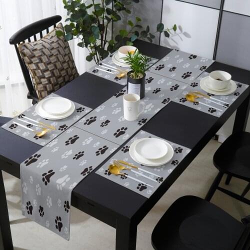 Black Grey Dog Paw Footprint Art Table Runner and Placemat Set Wedding Table Decor Table Runner Christmas Decor Tablecloth