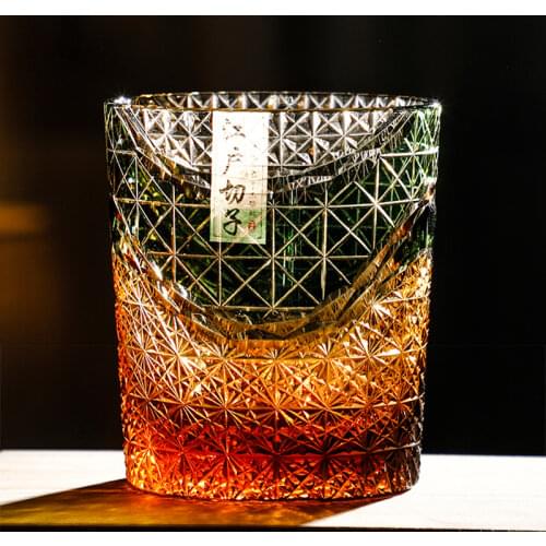 Edo Kiriko Multi-Color Drinking Glass 9 Ounces Amber Red Crystal Whisky Glass Scotch Glasses With Gift Box