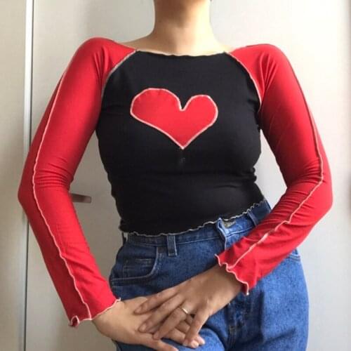 Y2K Contrast Patchwork Long Sleeve T-shirt Autumn Spring Harajuku Slim Fit Crop Top 90s Women Vintage Pullovers Streetwear