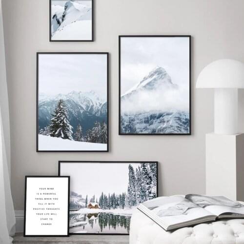 Snow Mountain Lake Foggy Forest Landscape Wall Art Canvas Painting Nordic Posters and Prints Pictures for Living Room Decor