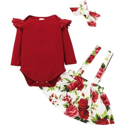2021 New Baby Girls Clothes Set Long Sleeve Solid Romper Tops Flower Print Skirts Bow Headband Infant Autumn Outfits 0-18M