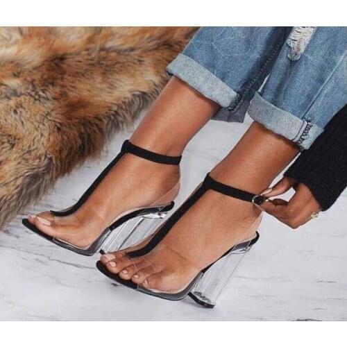 Newest PVC Women Sandals Sexy T-strap Clear Transparent Gladiator Sandals Summer Women Peep Toe Ankle Strap High Heels