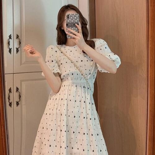 New Womens 2021 Summer Robe White Heart Pattern Printing Elegant Puff Sleeve Elastic Waistline Slim Midi Party Dresses Vestidos