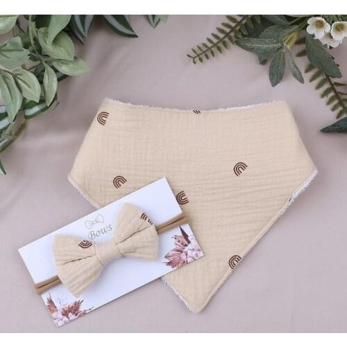 2 Pcs Baby Girls Elastic Bow Headband Saliva Towel Set Princess Bowknot Hair Band Bib Kit Soft Cotton Solid Color Feeding Burp