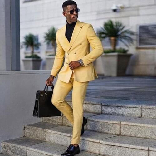 Jacket+Pants) Handsome Yellow Slim Fit 2 Piece Groom Tuexdos For Wedding Formal Prom Suit Party Evening Blazer Custom Made