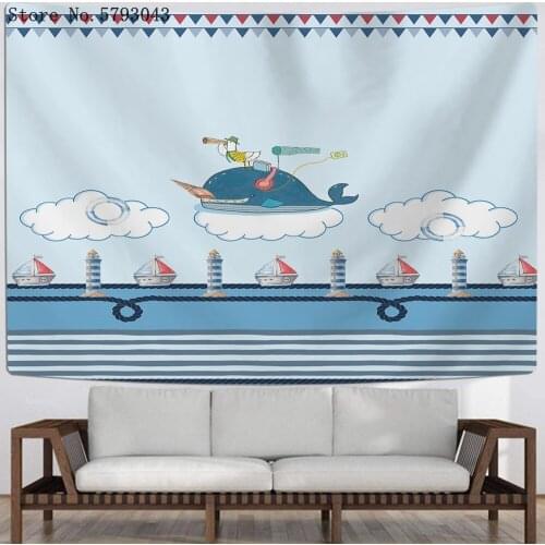 Whale Water Animals Tapestry Rudder Lifebuoy Hanging Carpet 3D Print Colorful Cartoon Wall Tapestry For Kids Teen Wall Carpet