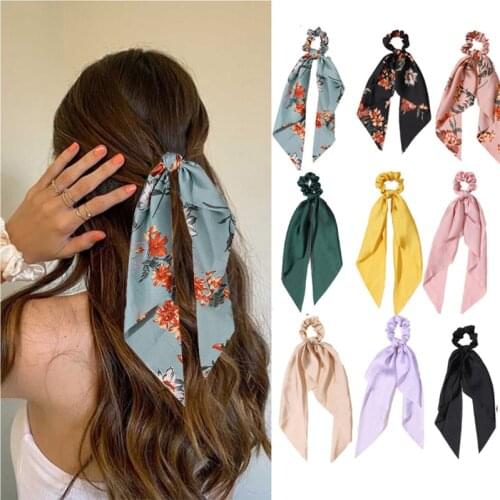 Fashion Floral Print Scrunchies Solid Hair Ribbon Bow Hair Rope for Women Long Ribbon Ponytail Scarf Hairbands Hair Accessories