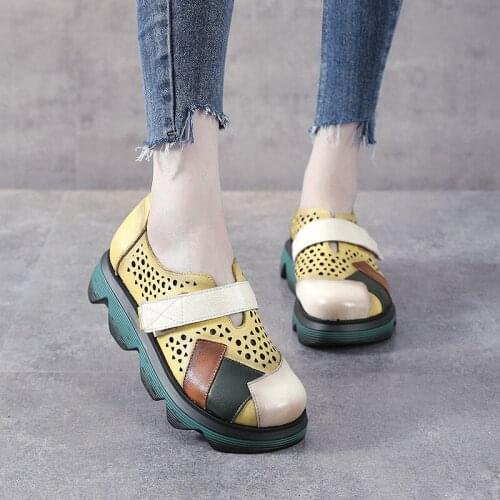 Thick-soled Sandals Womens Shoes New Summer First Layer Cowhide Velcro Leather Net Red All-match Old Roman Shoes