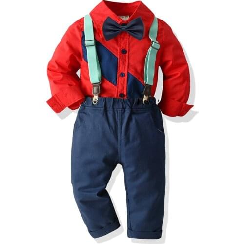 Party Wedding Boys Formal Wear 4 Piece Sets Color Splicing Shirt+Removable Strap+Bow Tie+Trouser Gentleman Boys Outfit 24M-8T