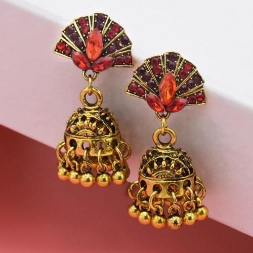 Vintage African Women Gold metal colorful crystal fan shaped Bell Jhumka Earrings Indian Statement Earrings Jewelry For Lady Par