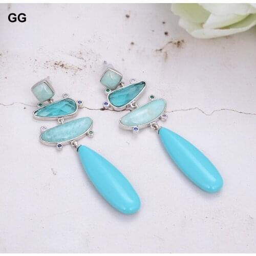 GuaiGuai Jewelry White Gold Platecd Blue Turquoise Green Amazonite Crystal Teardrop Stud Earrings