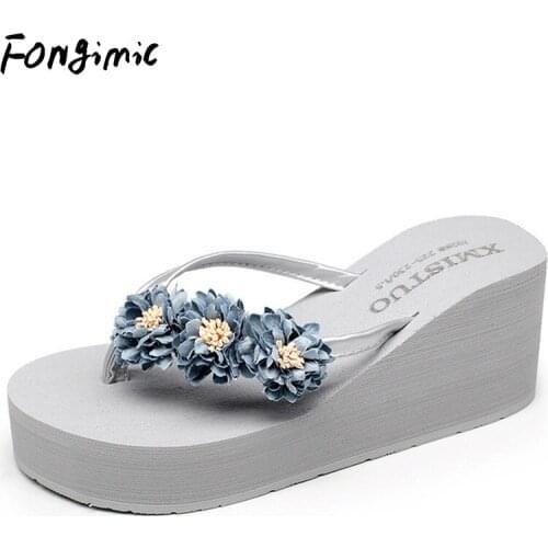 FONGIMIC Bohemia Flowers Women Slippers Beach Flip Flops Thick Bottom Summer Slippers Shoes Color Wedges Slippers Flip Flops