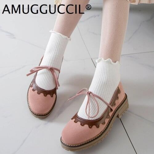 2021 New Arrival Plus Big Size 34-43 Beige Pink Fashion Sweet Lace Up Mid Heel Girl Female Lady Women Lolita Shoes Pumps D1370