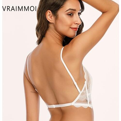 Sexy Lingerie For Women Underwear French Style Soft Bralette Deep V Lace Wireless Triangular Padded Cups Backless Womens Bra