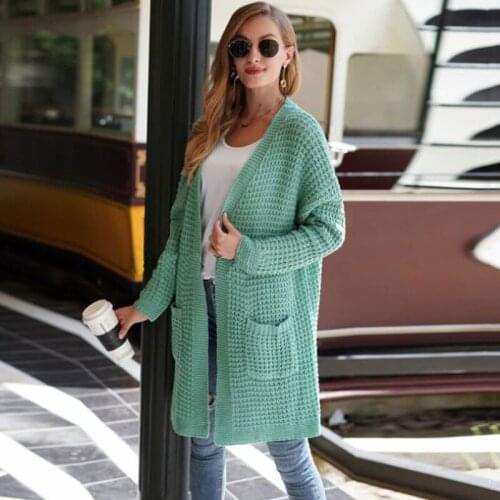 Autumn Long Cardigan Women Kimono Knitted Cardigan Ladies Loose Coat Sweater Cardigan Green Knitwear With Pocket 2021