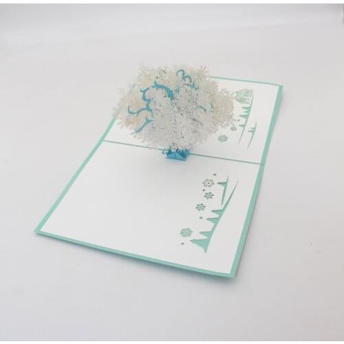 3D Handmade Merry Christmas Sky Blue White Snowflake Tree Paper Greeting Cards PostCard New Year Kids Friend Bussiness Gift
