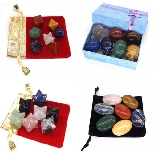 7pcs/Set Chakra Stones Palm Natural Healing Crystals Yoga Egg Reiki Merkaba Stars Polished Moon Statue Energy Polyhedral Skulls