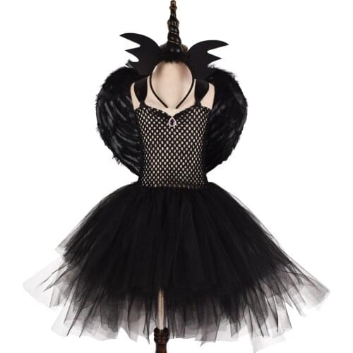 Black Halloween Kids Tutu Dresses with Headband Witch Princess Children Cosplay Cartoon Clothes with Wings Kids Girls Dresses